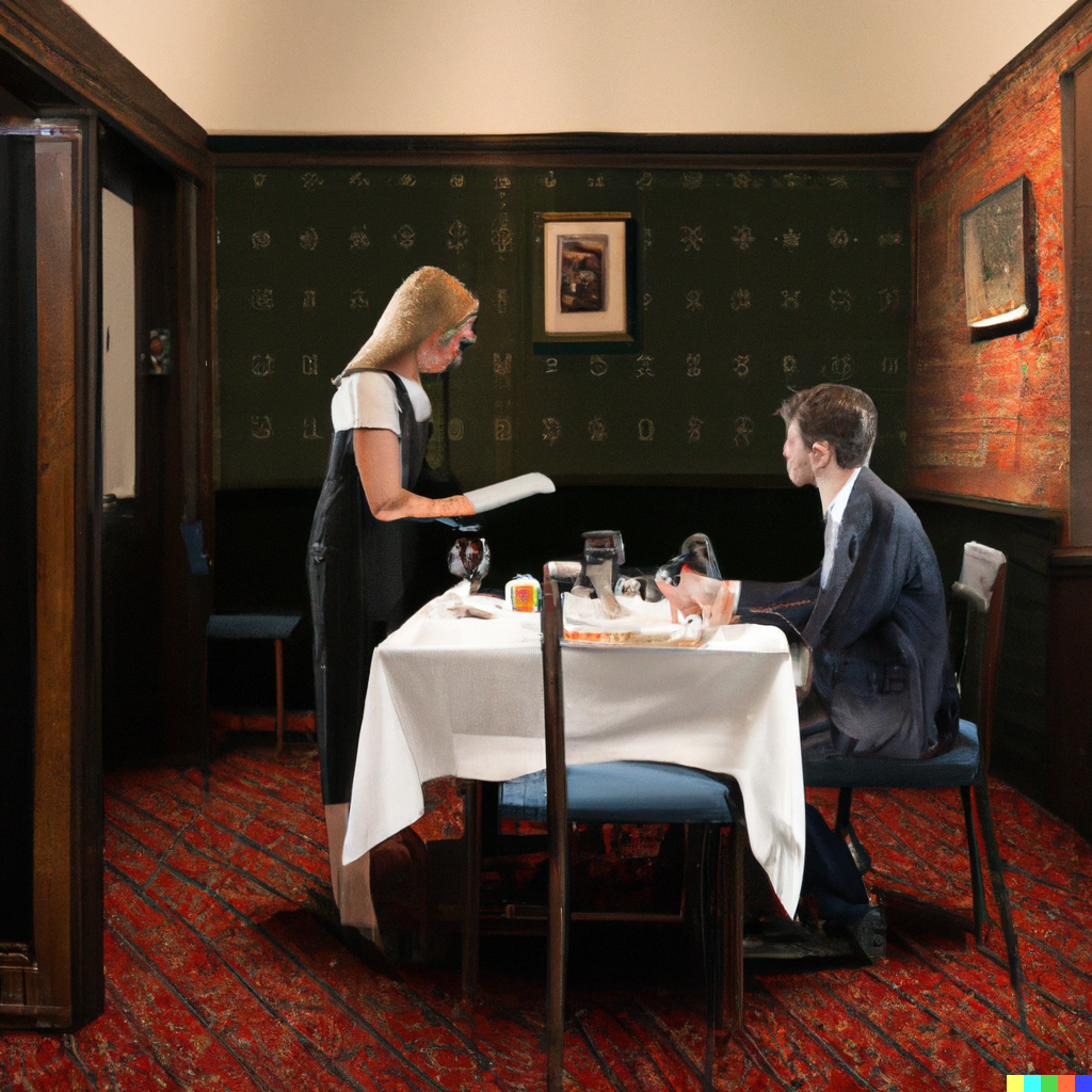 DALL·E 2023-03-15 07.34.02 - ultra realistic photograph of waiter and client in an empty luxury restaurant where the client is ordering a meal from a menu
