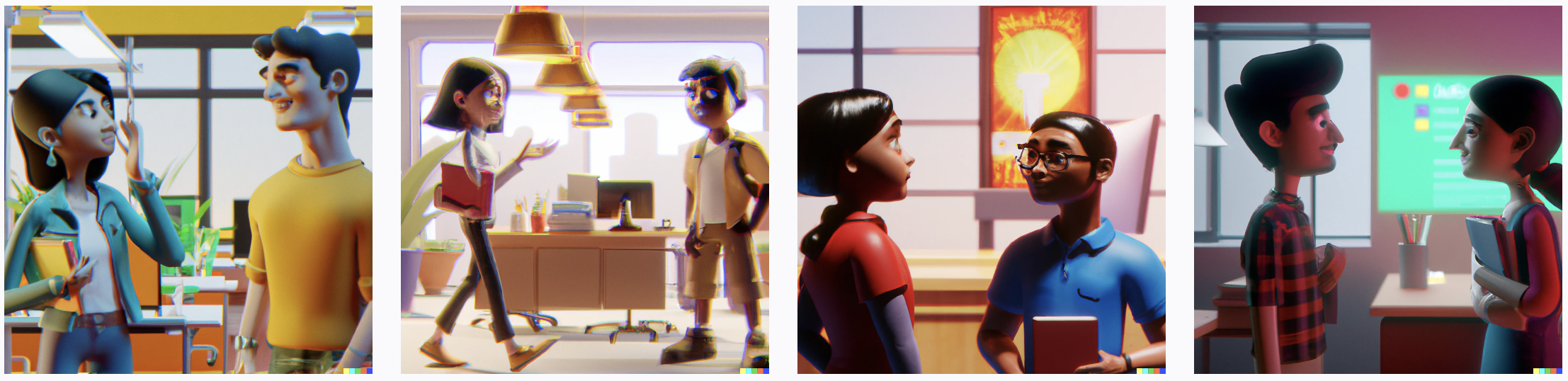 Pixar style 3D render of two students talking to each other in different languages in an office environment, 4k, high resolution, trending in artstation drawn by ai