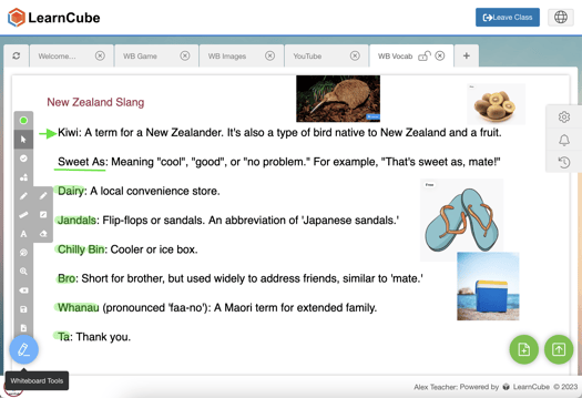 Online interactive whiteboard with text highlighted for teaching English online class