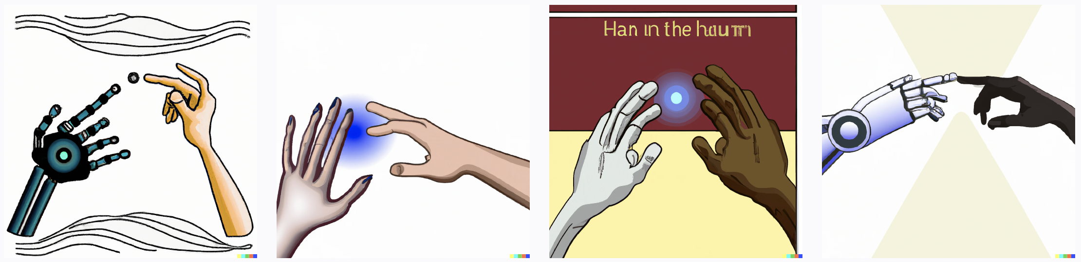 illustration of creation of adam fingers touching but with one hand being human, one hand being machine dalle2
